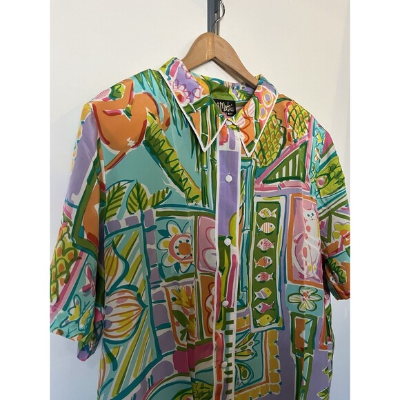 NWT Bob Mackie Multicolored 100% Silk Short Sleeve Button Down Blouse Size 2X - Picture 3 of 9